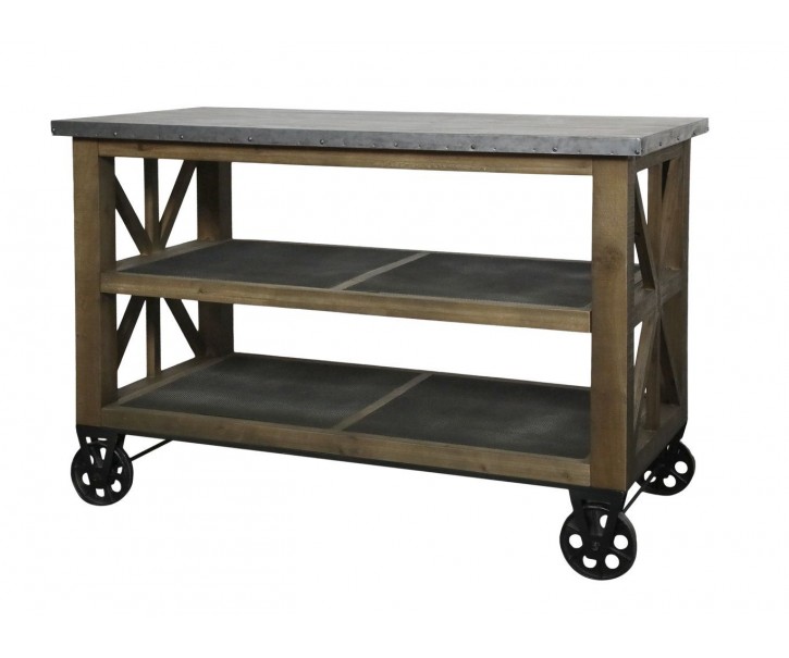 Hnědý antik dřevěný vozík ostrůvek na kolečkách se zinkovou deskou Anoa - 120*60*90 cm Chic Antique