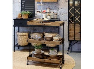 Hnědý antik dřevěný vozík na kolečkách s tácy Ellony - 75*35*92 cm