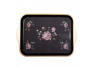 Černo-zlatý umělý dekorativní podnos s květy Vintage Flower - 38*27*2 cm