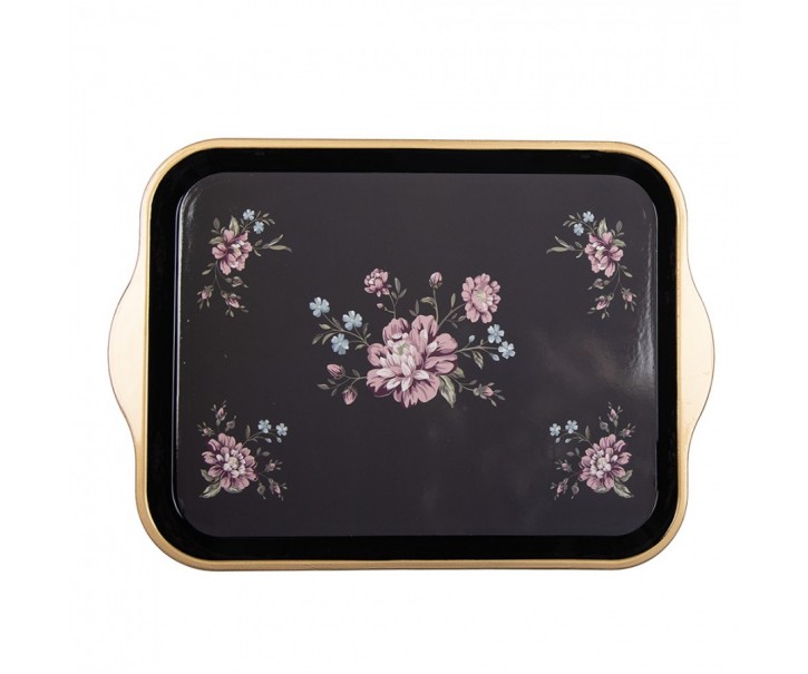 Černo-zlatý umělý dekorativní podnos s květy Vintage Flower - 38*27*2 cm Clayre & Eef