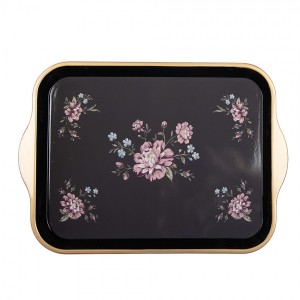 Černo-zlatý umělý dekorativní podnos s květy Vintage Flower - 38*27*2 cm