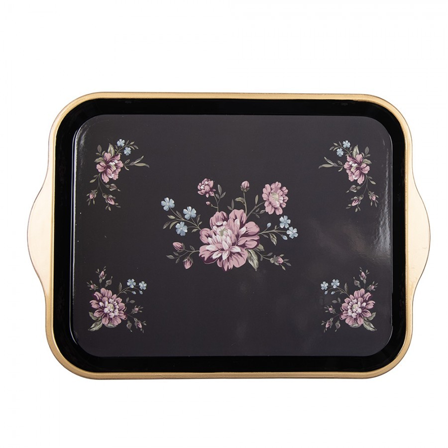 Černo-zlatý umělý dekorativní podnos s květy Vintage Flower - 38*27*2 cm