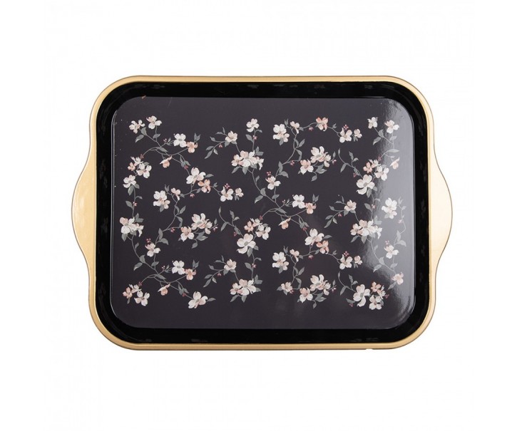 Černo-zlatý umělý dekorativní podnos s květy Vintage Flower - 38*27*2 cm Clayre & Eef