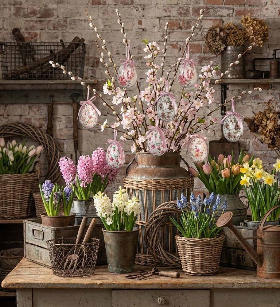 9ks dekorace bílé závěsné vajíčko s květy Spring Egg - Ø 5*8 cm
