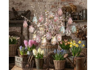 9ks dekorace barevné závěsné vajíčko s králíčky a kuřátky Spring Egg - Ø 5*8 cm