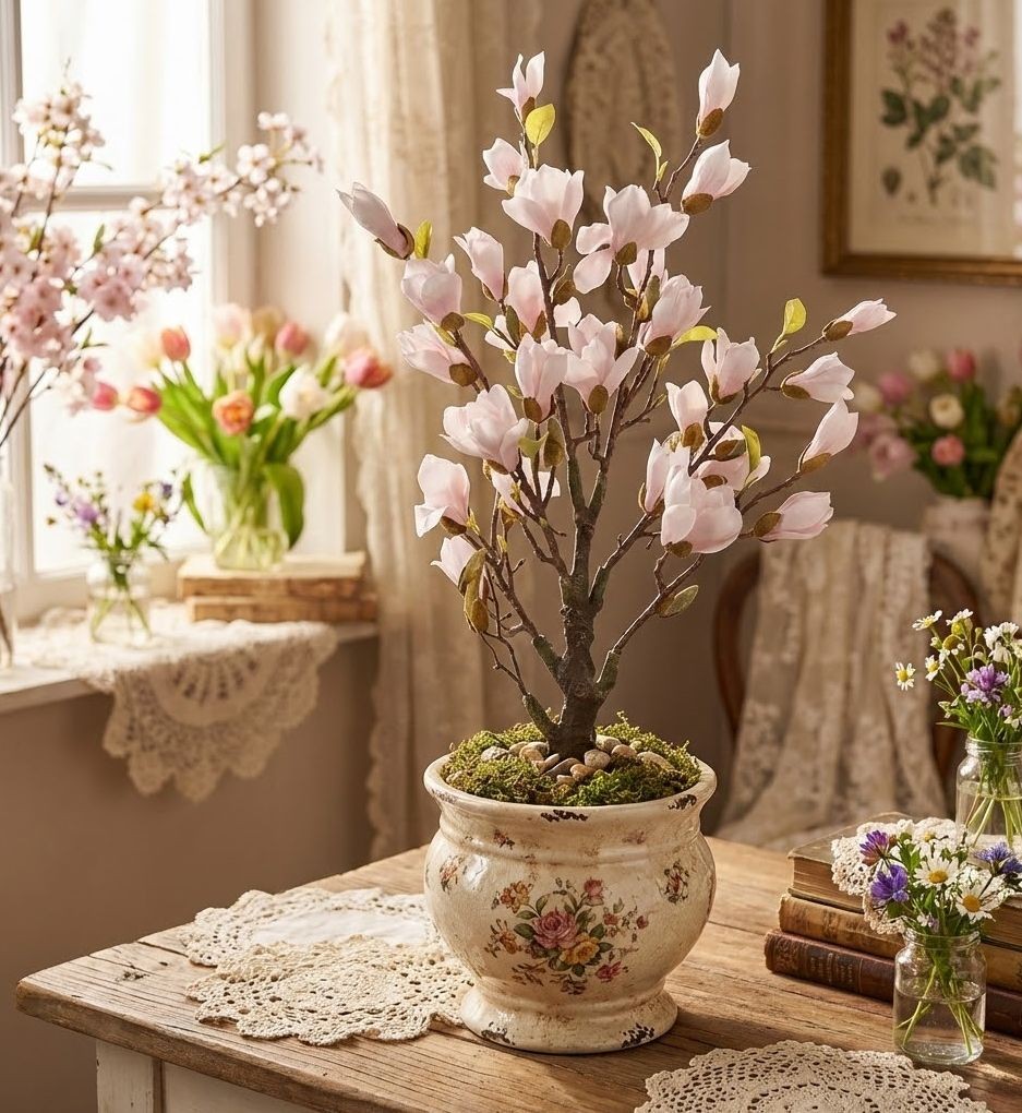 Dekorační stromek Magnolia s narůžovělými květy - 20*20*75 cm