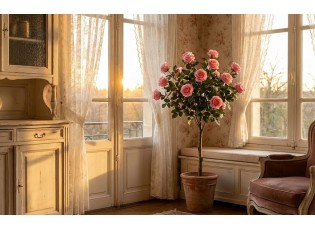 Dekorační stromek růže na kmínku s růžovými květy - 32*32*120 cm