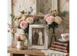 Krémový fotorámeček s květinami a motýlky - 22*2*27 cm / 15*20 cm