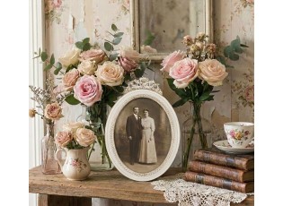 Béžový antik oválný fotorámeček s květy - 16*2*23/ 13*18cm