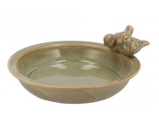 Zelené keramické ptačí pítko/krmítko s ptáčky - Ø 33*5 cm