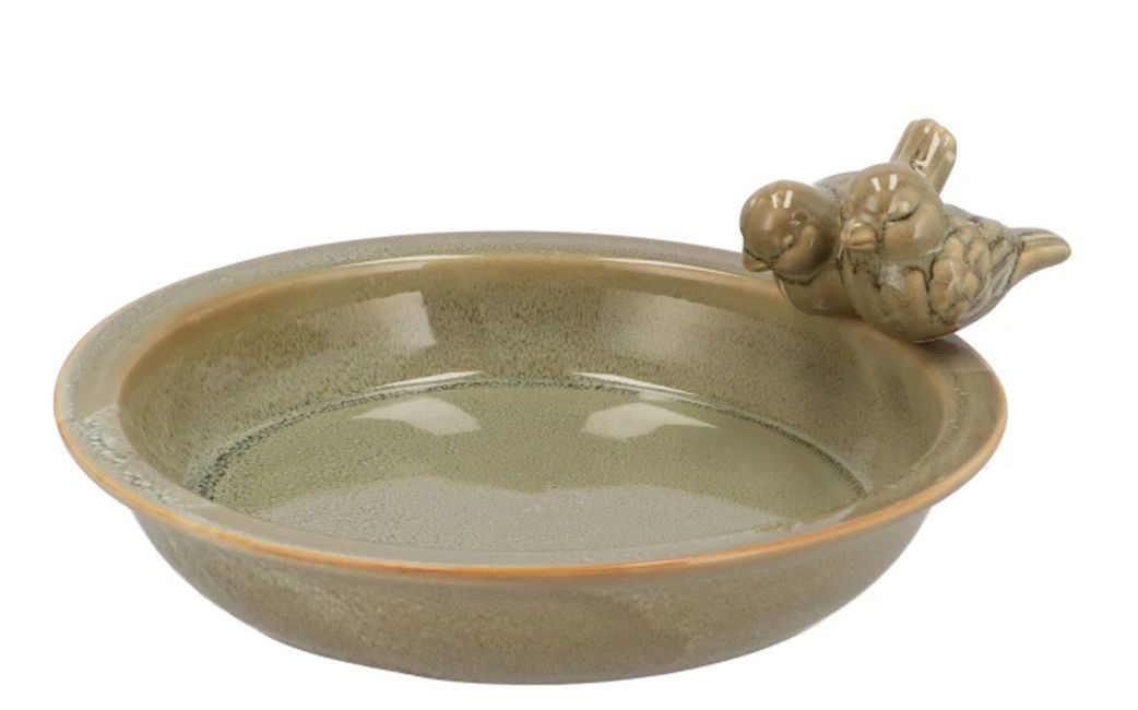 Zelené keramické ptačí pítko/krmítko s ptáčky - Ø 33*5 cm 573219