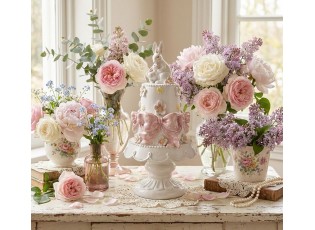 Bílo-růžová dekorace králíčci na dortu na podstavci - Ø 15*29 cm