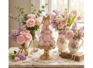 Růžovo-zlatá dekorace věž z makronek na podstavci - Ø 13*29 cm