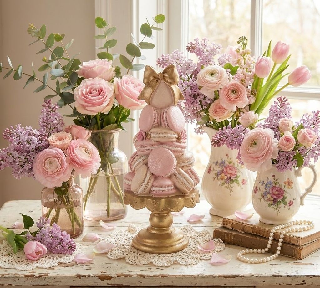 Růžovo-zlatá dekorace věž z makronek na podstavci - Ø 13*29 cm Clayre & Eef Růžovo-zlatá dekorace věž z makronek na podstavci - Ø 13*29 cm Clayre & Eef