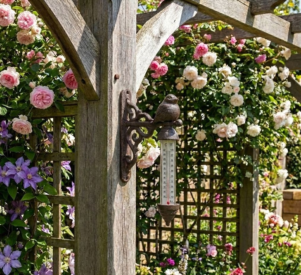 Hnědý litinový venkovní teploměr s ptáčkem - 3*11*16 cm Clayre & Eef Hnědý litinový venkovní teploměr s ptáčkem - 3*11*16 cm Clayre & Eef