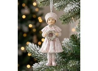 Růžová závěsná dekorace děvčátko držící věneček - 5*5*11 cm