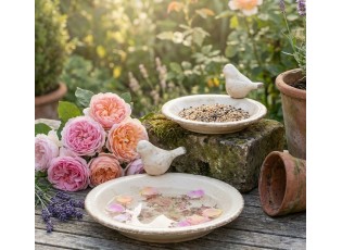 Béžové keramické krmítko pro ptáčky s růžemi Rosien M - Ø 21*10 cm 