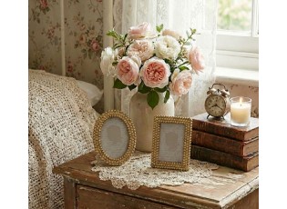 Zlatý oválný fotorámeček s perličkami - 8*2*11 cm / 6*9 cm