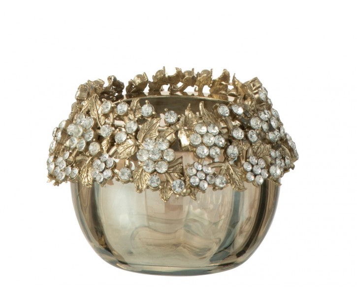 Zlatý svicen na čajovou svíčku se zdobením a kamínky Volve S - Ø 6,5*6,5 cm J-Line by Jolipa