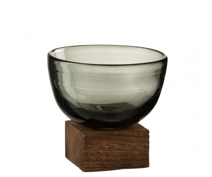 Hnědá polokulatá váza / svícen na dřevěné podestě S - 12*12*11,7 cm J-Line by Jolipa