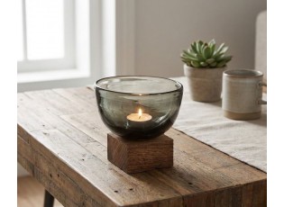 Hnědá polokulatá váza / svícen na dřevěném podstavci S - 12*12*11,7 cm