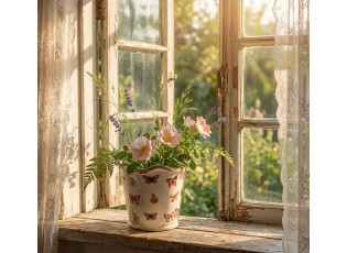 Béžový antik obal na květináč s motýlky Butterfly Paradise S - Ø 13*12 cm