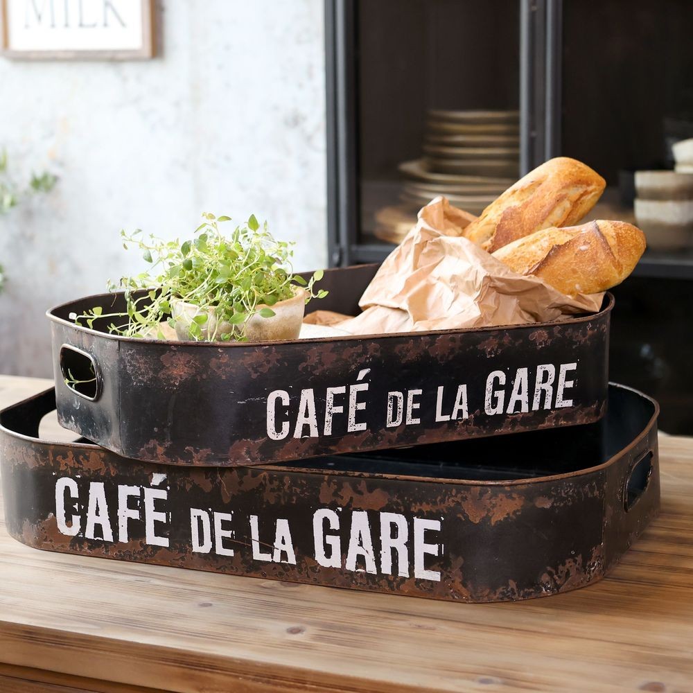 2ks granitový antik kovový podnos Café de La Gare - 52*36*9 cm Chic Antique 2ks granitový antik kovový podnos Café de La Gare - 52*36*9 cm Chic Antique