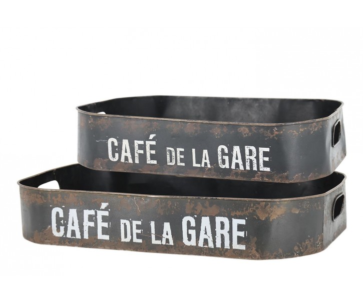 2ks granitový antik kovový podnos Café de La Gare - 52*36*9 cm Chic Antique