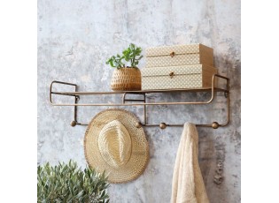 Mosazná antik nástěnná kovová polička s háčky Dianne - 80*20*21cm