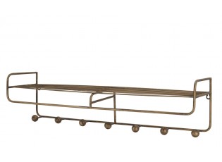 Mosazná antik nástěnná kovová polička s háčky Dianne - 80*20*21cm