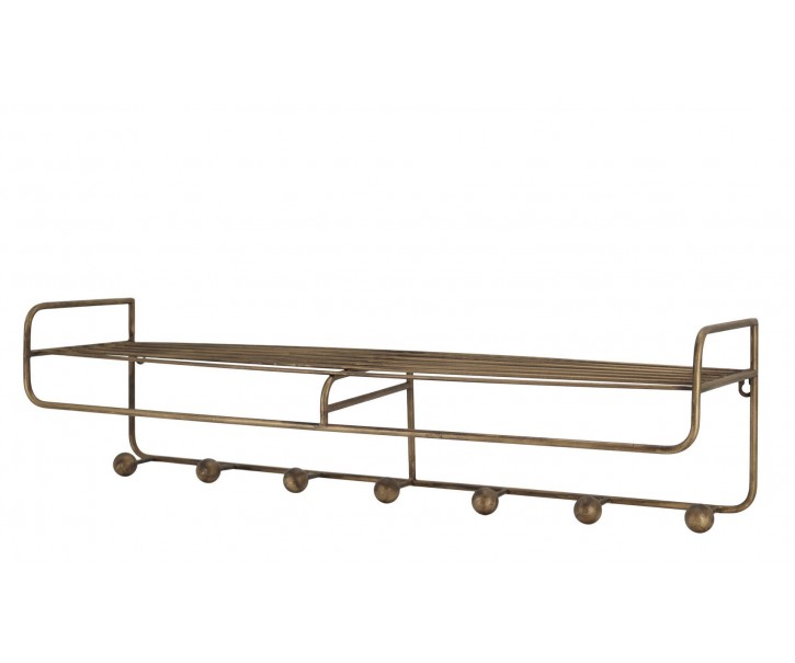 Mosazná antik nástěnná kovová polička s háčky Dianne - 80*20*21cm Chic Antique