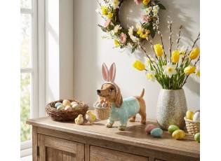 Dekorace jezevčík ve svetříku a králičími oušky a vajíčky - 31*10*27 cm
