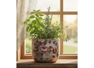 Šedý keramický dekorační květináč s květy Floria S - Ø 10*9 cm 