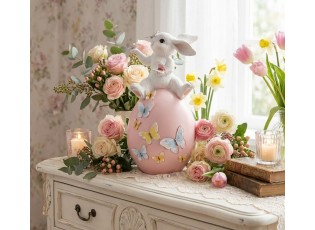 Dekorace králík na růžovém vajíčku a motýlky - 16*15*29 cm