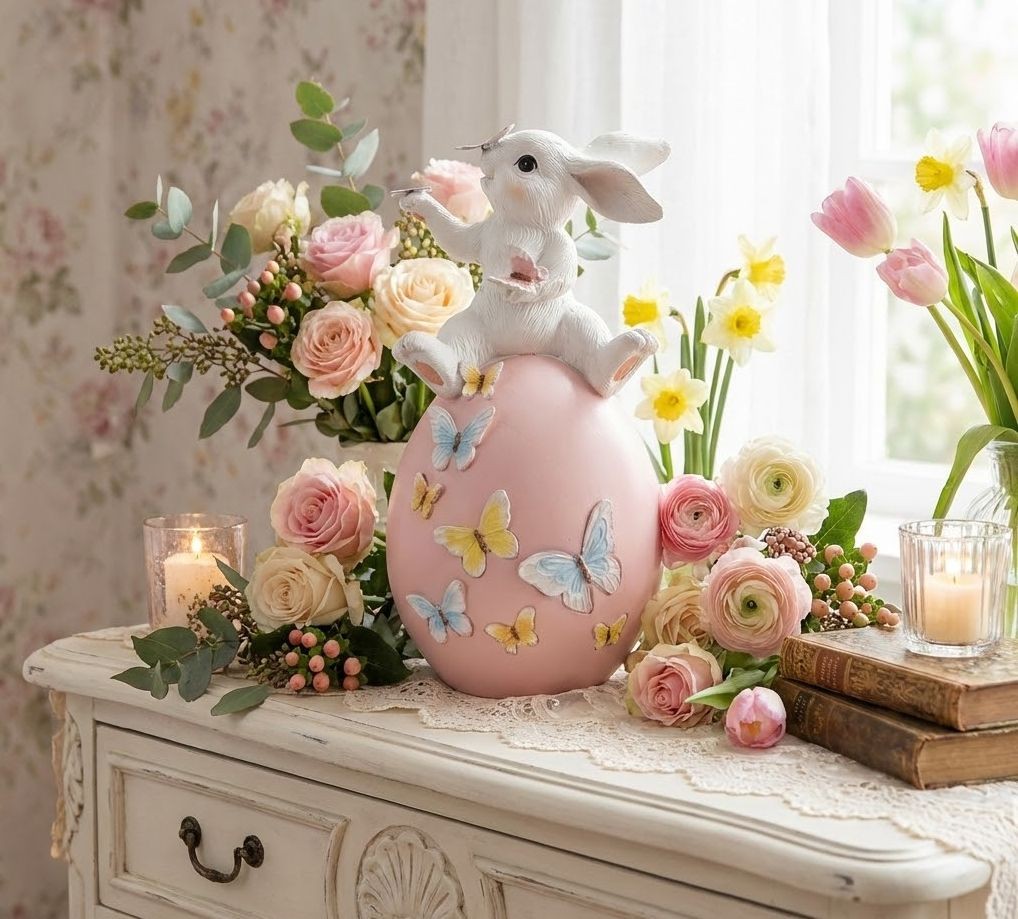 Dekorace králík na růžovém vajíčku s motýlky - 16*15*29 cm Clayre & Eef Dekorace králík na růžovém vajíčku s motýlky - 16*15*29 cm Clayre & Eef