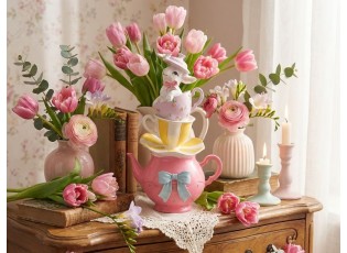 Dekorace králíček na šálcích a konvičce - 16*13*26 cm