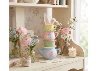 Dekorace konvička s hrnečky a zaječí ouška - 16*11*29 cm