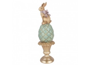 Hnědo-modrá antik dekorace králík na vajíčku na podstavci - Ø 8*29 cm