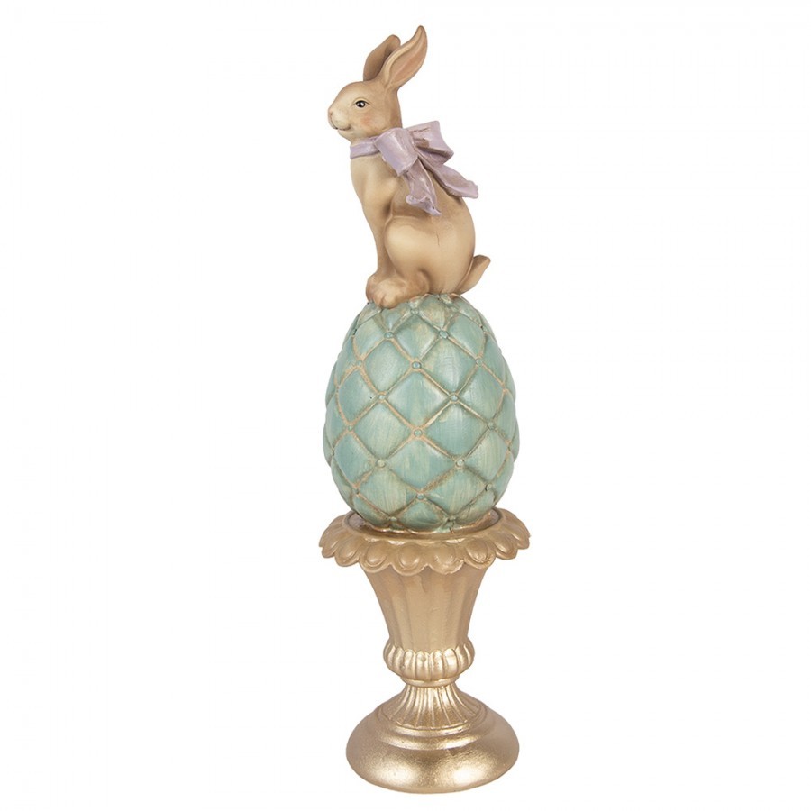 Hnědo-modrá antik dekorace králík na vajíčku na podstavci - Ø 8*29 cm 6PR6065