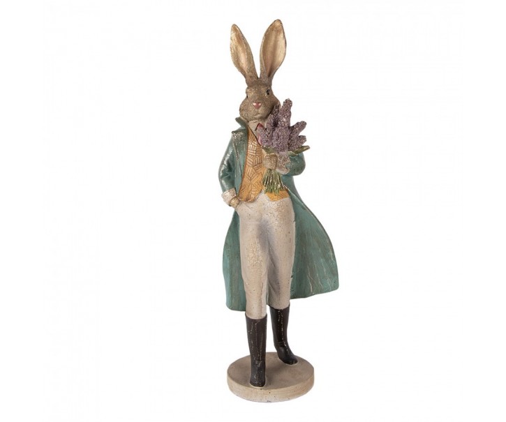 Dekorace zajíc elegán s kyticí v ruce a zlatou patinou - 17*15*53 cm Clayre & Eef