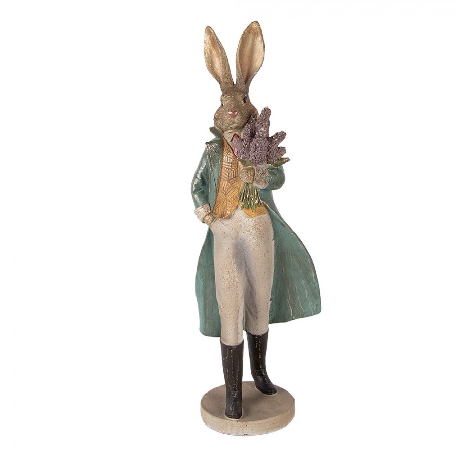 Dekorace zajíc elegán s kyticí v ruce a zlatou patinou - 17*15*53 cm 6PR5998