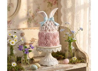 Dekorace růžový dort na podstavci se zaječími oušky - Ø 17*35 cm