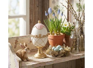 Bílo-zlaté zdobené vajíčko na podstavci - Ø 8*15 cm