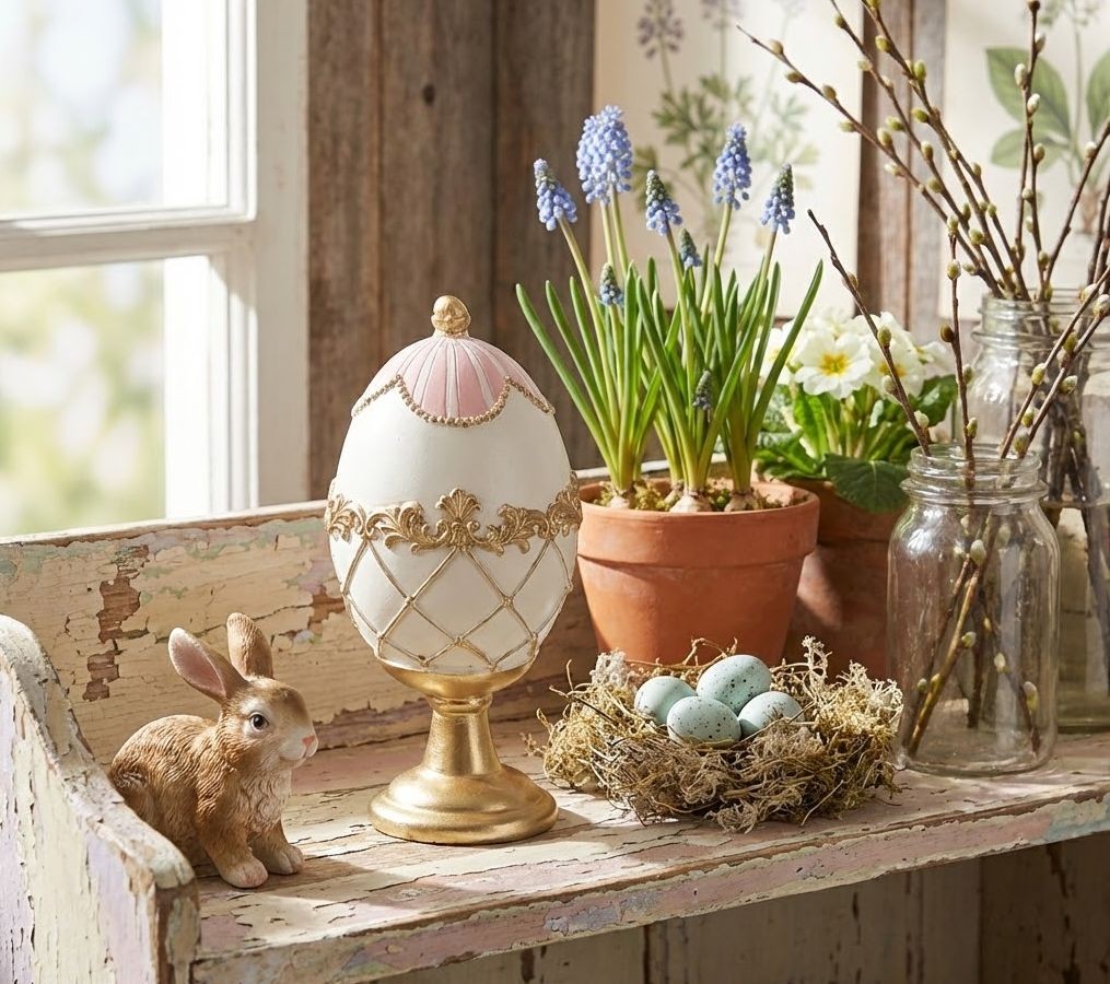 Bílo-zlaté zdobené vajíčko na podstavci - Ø 8*15 cm Clayre & Eef Bílo-zlaté zdobené vajíčko na podstavci - Ø 8*15 cm Clayre & Eef