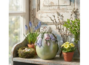 Dekorace zelené vajíčko zdobené květy a králíčkem - Ø 14*17 cm