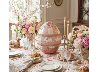 Veliká růžová dekorace vajíčko s květy a králíky - Ø 38*46 cm