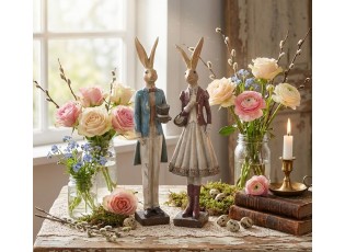 Béžová antik dekorace zaječice v sukni a zlatou patinou - 10*9*32 cm