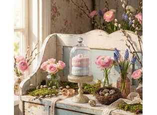 Dekorace zlatý podnos s makronkami a poklopem - Ø 7*17 cm