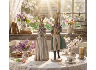 Dekorace zajíc elegán s kyticí v ruce a zlatou patinou - 17*15*53 cm