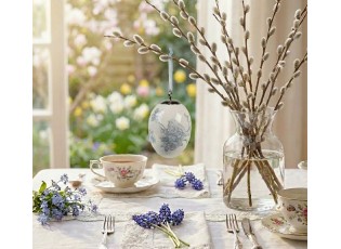 Dekorace keramické vajíčko s modrými květy a ptáčkem - Ø 6*8 cm